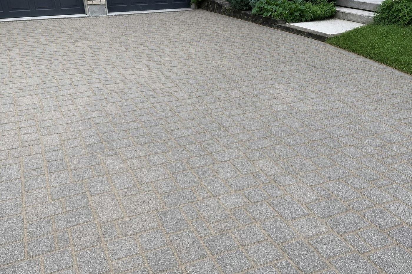 The same driveway pressure washed with every joint refilled with fresh polymeric sand