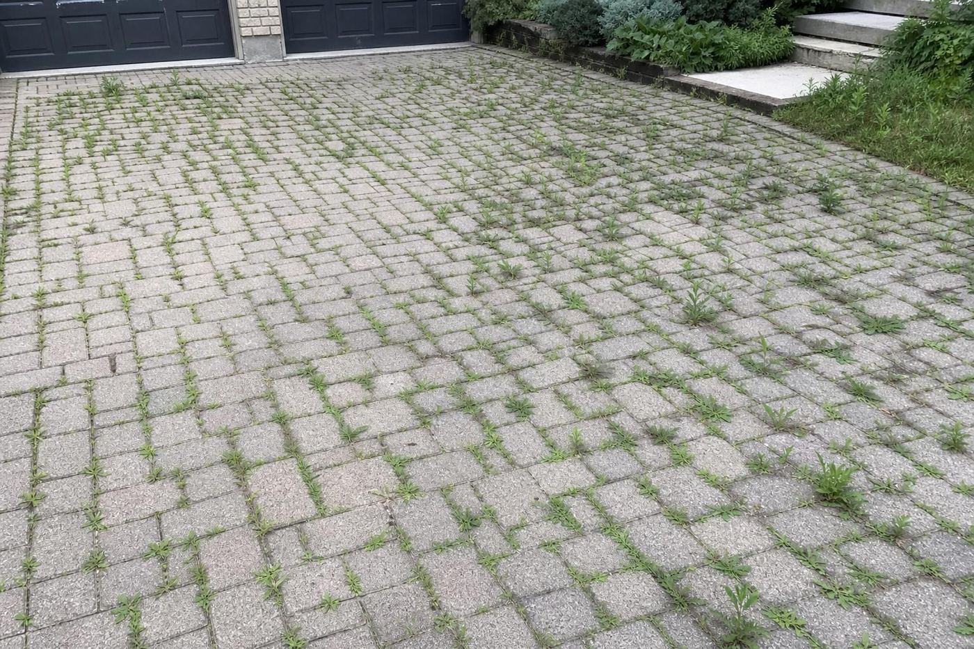 Interlock paver driveway with weeds growing out of every joint